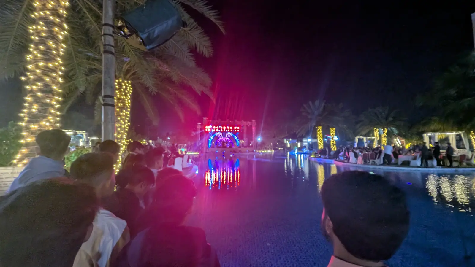 Waterfront stage reflected at night